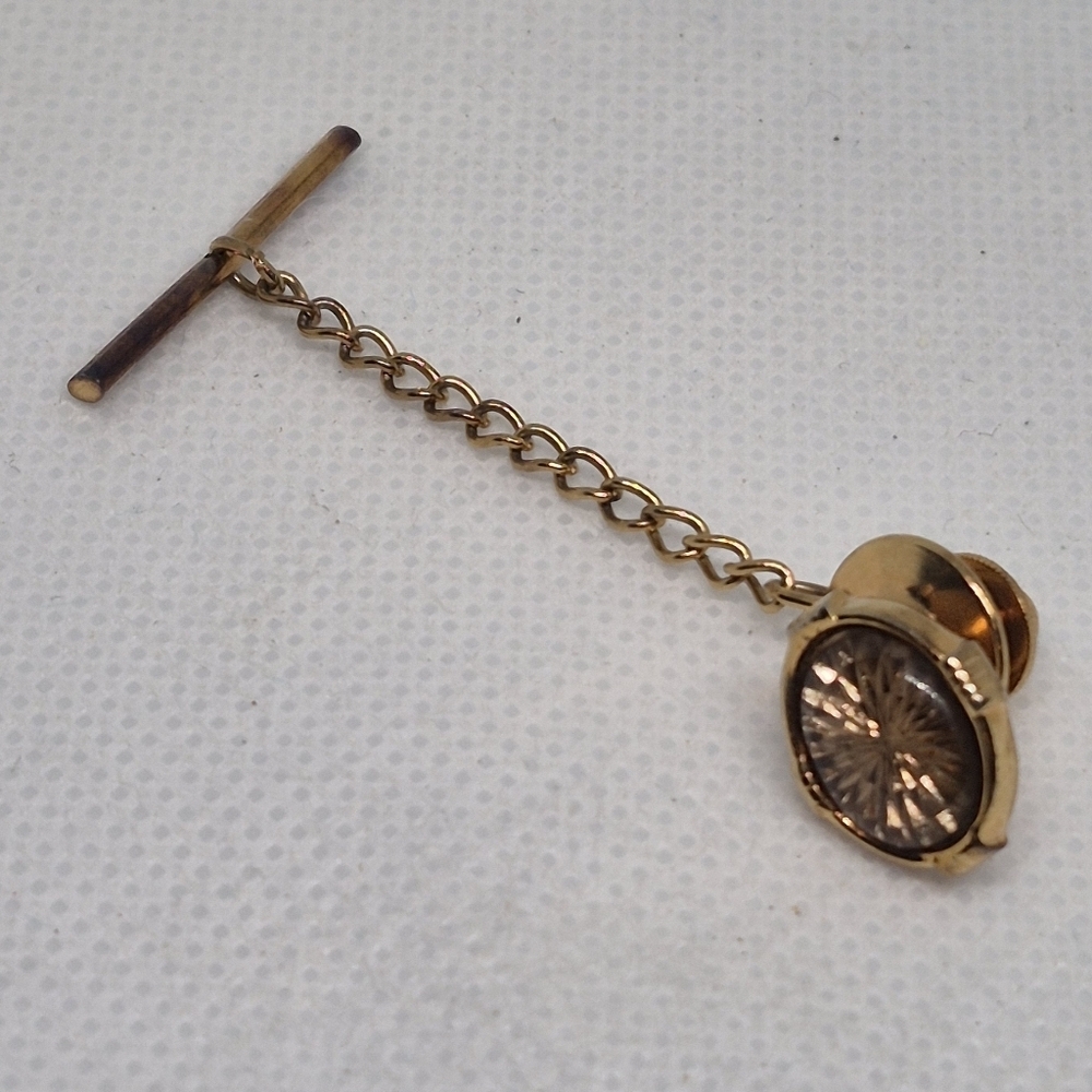 VINTAGE MCM Gold Tone Tie Pin Gold Tone Starburst Design Brown Enamel Background